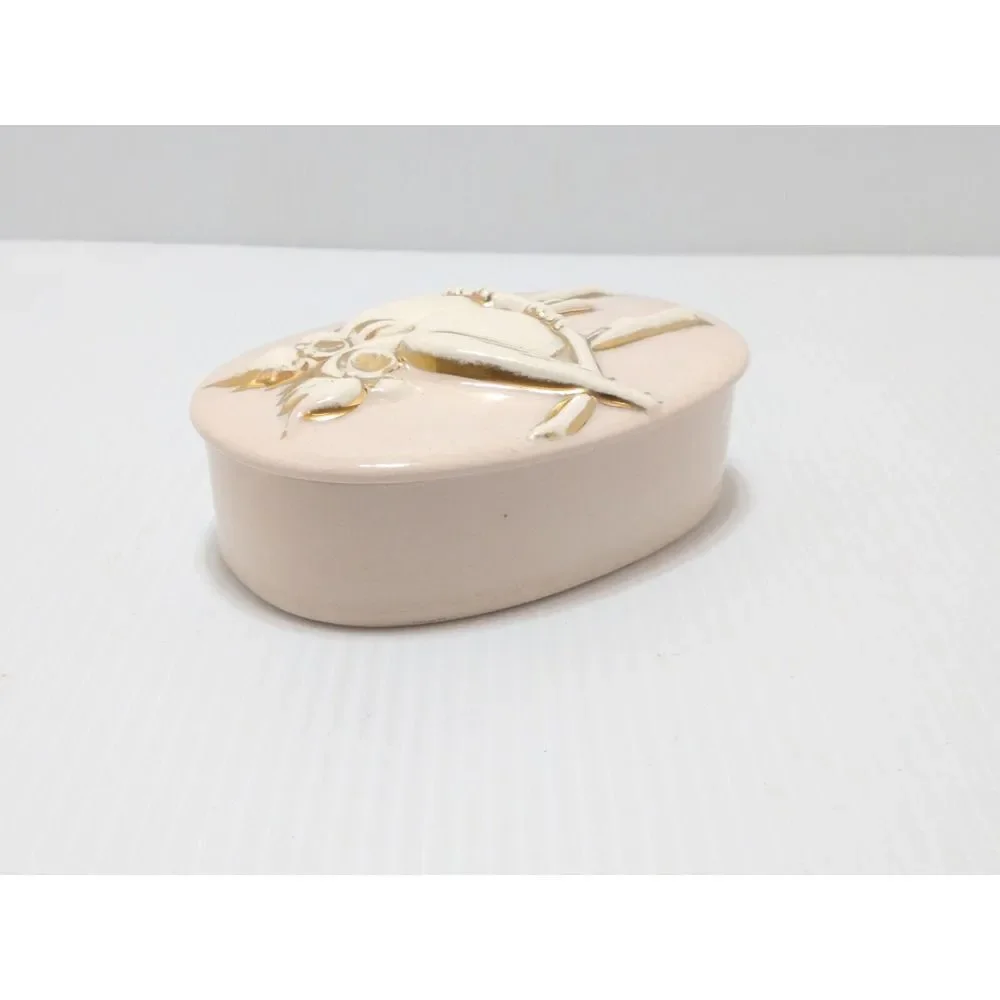 Vintage MCM Ceramic‎ Pink Trinket Box With Lid White Birds On Branch Gold Accent